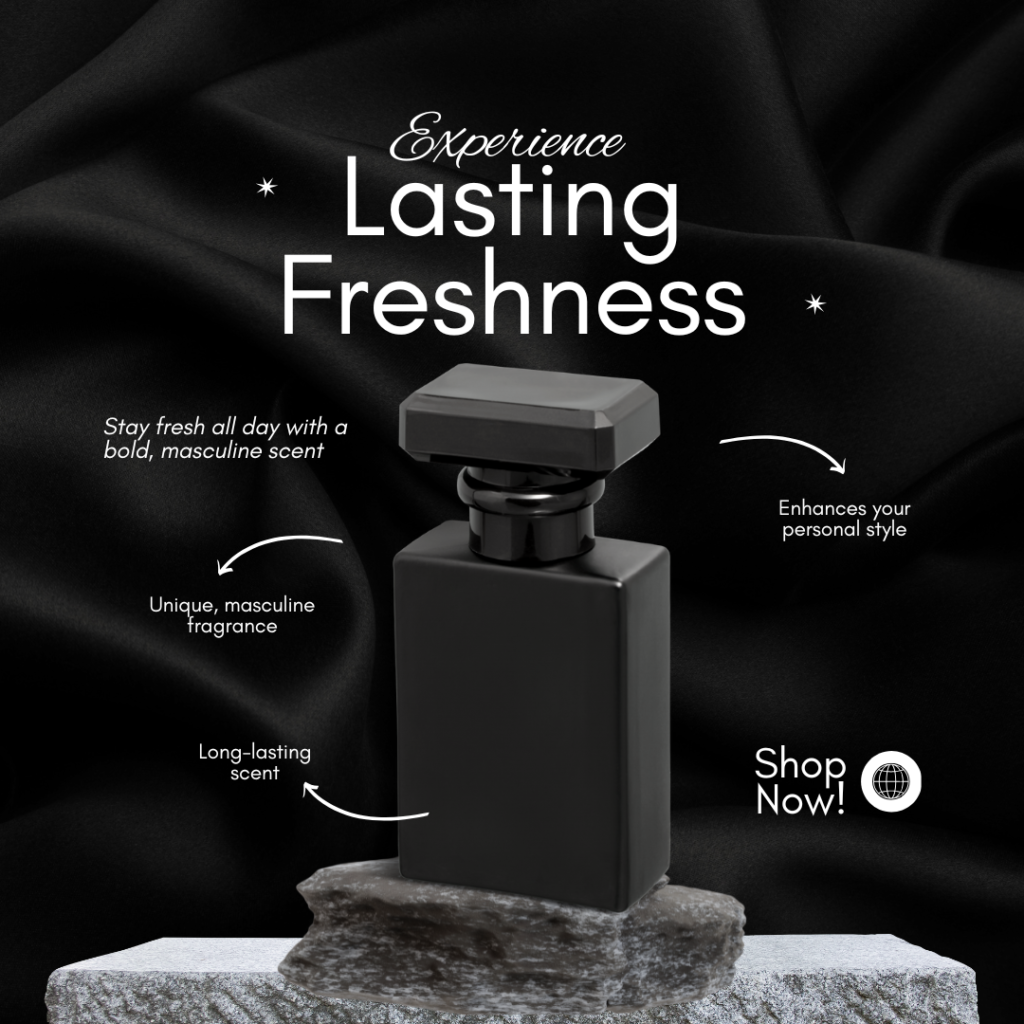 black minimalist men's perfume promotion instagram post